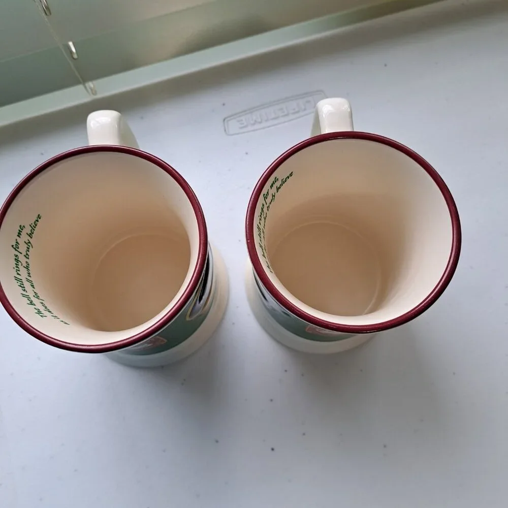 Set of 2 Polar Express Hot Chocolate Mugs Christmas Train Decor Bell Still Rings